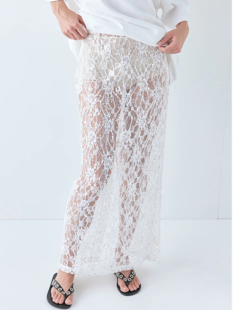 Devyn Sequin Lace Midi Skirt - White